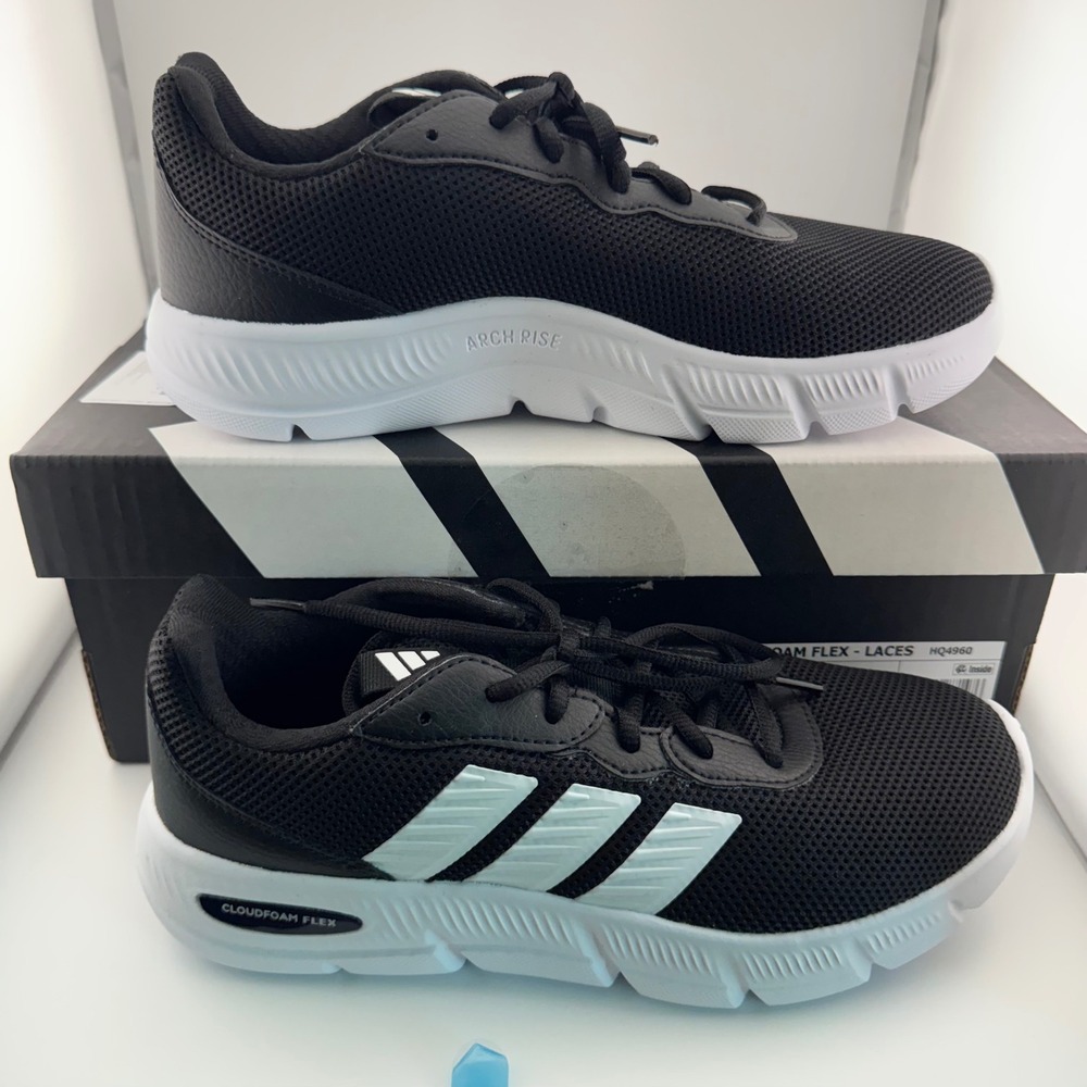 Adidas Cloudfoam Flex Laces Women 8 Black White New HQ4960 Running Sneakers